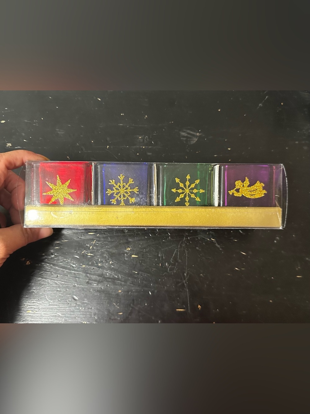Votive Candle Glass Cubes Set, Jewel-colored Christmas Themed, 4 piece set